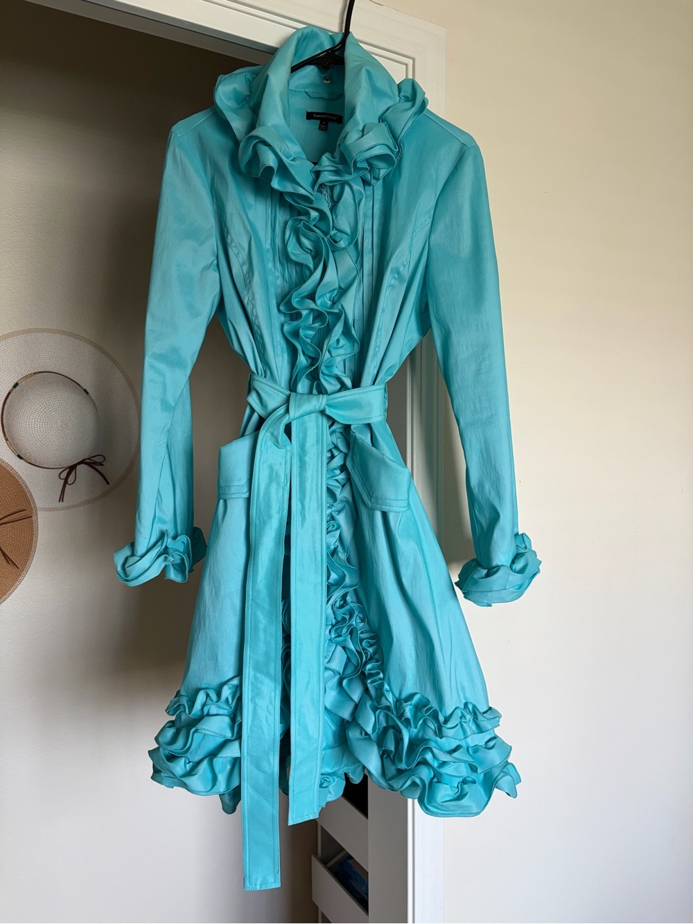 Samuel Dong Turquoise Ruffled Trench Coat